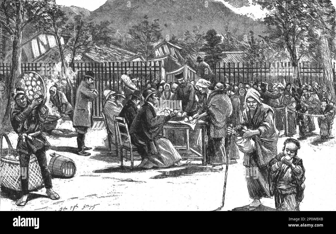 ''The Great Earthquake in Japan; Views at The Scene of the Disaster, Distributing Provisions to the Survivers at Gifu', 1891. From &quot;The Graphic. An Illustrated Weekly Newspaper&quot;, Volume 44. July to December, 1891. Stock Photo