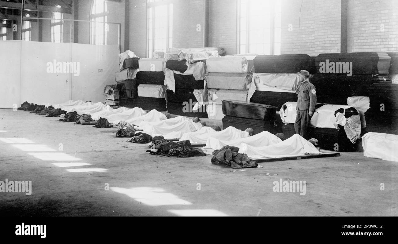 Flood Scenes, Dayton, Ohio, 1913. Dead bodies and coffins. Stock Photo