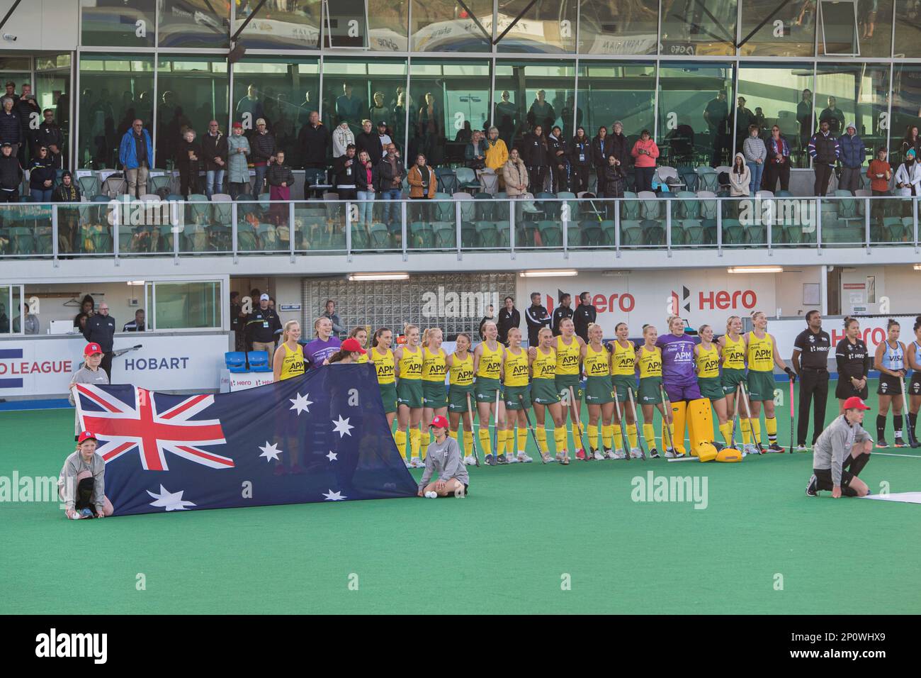 Hobart, Australia. 03rd Mar, 2023. Australia National Women's field hockey team line up during the 2022/23 International Hockey Federation (FIH) Women's Pro-League match between Australia and Argentina at Tasmanian Hockey Centre. Final score; Argentina 1:0 Australia Credit: SOPA Images Limited/Alamy Live News Stock Photo