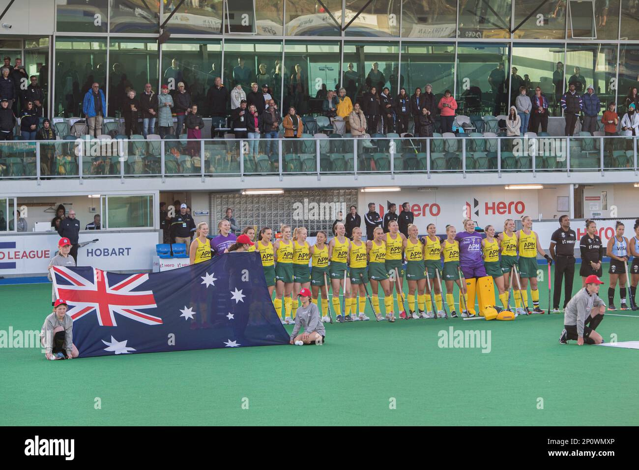 Hobart, Australia. 03rd Mar, 2023. Australia National Women's field hockey team line up during the 2022/23 International Hockey Federation (FIH) Women's Pro-League match between Australia and Argentina at Tasmanian Hockey Centre. Final score; Argentina 1:0 Australia (Photo by Luis Veniegra/SOPA Images/Sipa USA) Credit: Sipa USA/Alamy Live News Stock Photo