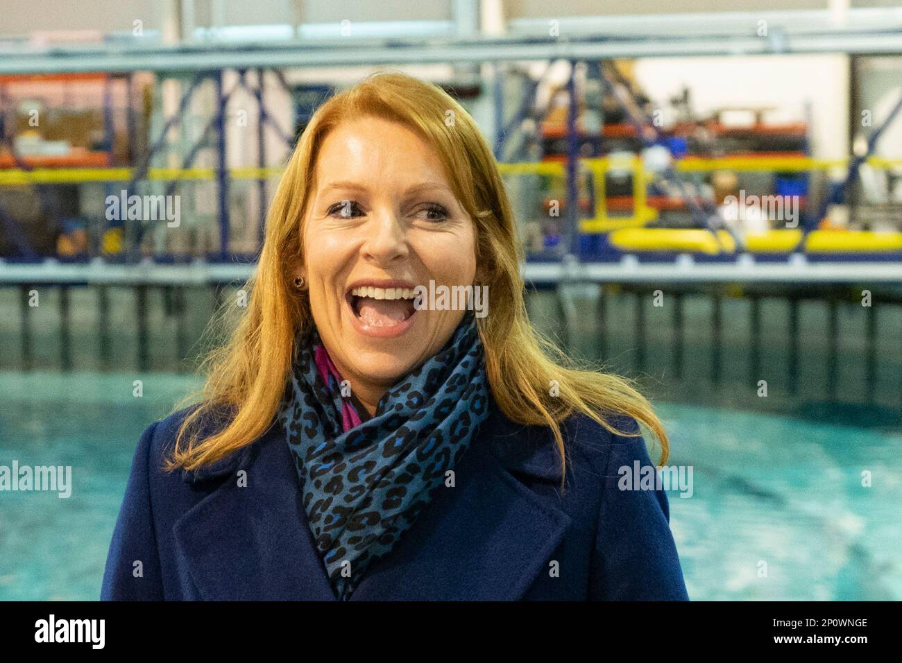 Edinburgh, Scotland, UK. 3 March 2023. Ash Regan visits FloWave Ocean Energy Research Facility at University of Edinburgh as the SNP leadership contest continues. Ash Regan is due to get tour of the facility followed by a demonstration of the ocean simulator. The FloWave facility is the first circular combined wave and current facility in the world, in which the team carry out research and development with the private sector and wider academia across offshore, wave and tidal energy.  Iain Masterton/Alamy Live News Stock Photo