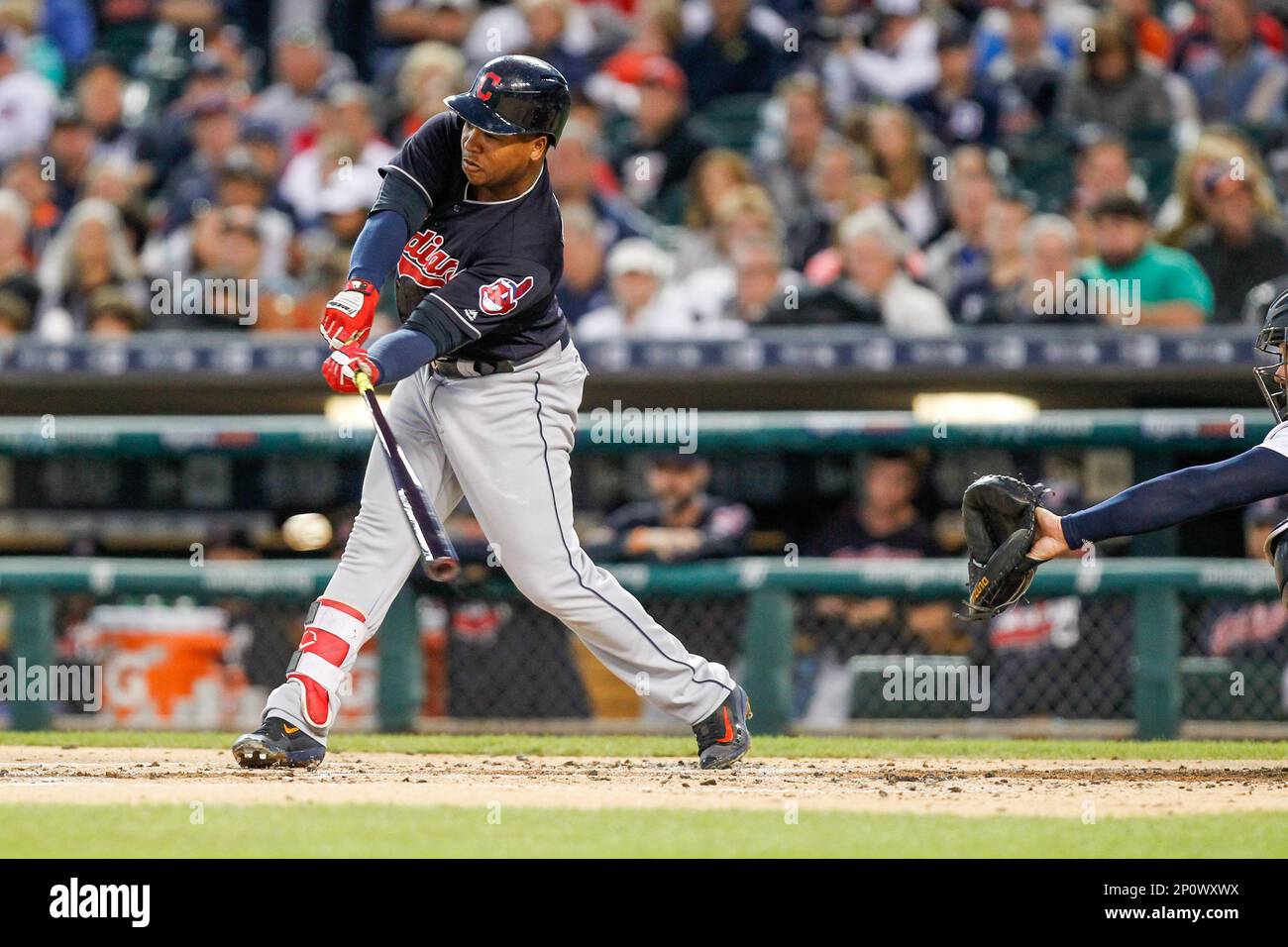 September 26, 2016: Cleveland Indians third baseman Jose Ramirez (11) at  bat during a regular season game between the Cleveland Indians and the  Detroit Tigers played at Comerica Park in Detroit, MI. (