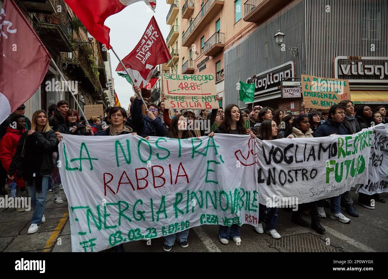 Palermo, Sicily, Italy. 3rd Mar, 2023. Friday for Future, global movement striking from school to demand immediate climate action, moves through the centre of the city. (Credit Image: © Victoria Herranz/ZUMA Press Wire) EDITORIAL USAGE ONLY! Not for Commercial USAGE! Stock Photo