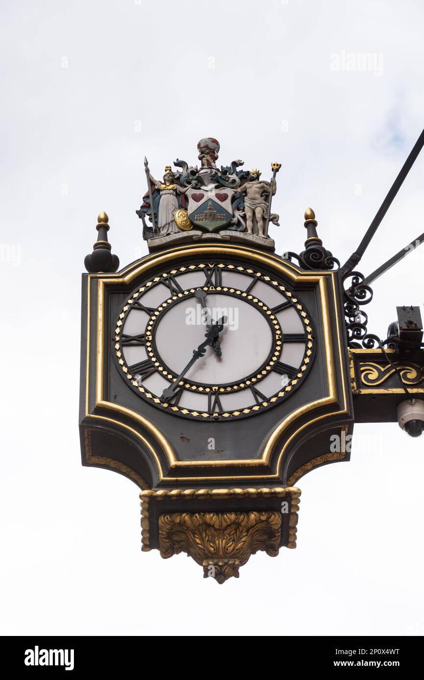 Detail one of two clocks on the Royal Exchange on Cornhill, City of