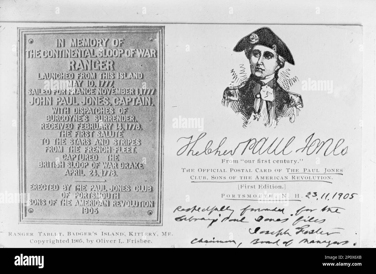 John Paul Jones, Official Postal Card of The Paul Jones Club, Sons of the American Revolution, 1905, (1917). First Edition. Portrait and inscription: 'In memory of the continental sloop of war Ranger, launched from this island May 10, 1777. Sailed for France November 1, 1777. John Paul Jones, Captain. With dispatches of Burgoyne's surrender. Received February 14, 1778. The first salute to the stars and stripes from the French fleet. Captured the British sloop of war Drake, April 24, 1778. Erected by the Paul Jones Club of Portsmouth'. Jones was the United States' first naval war hero, father o Stock Photo