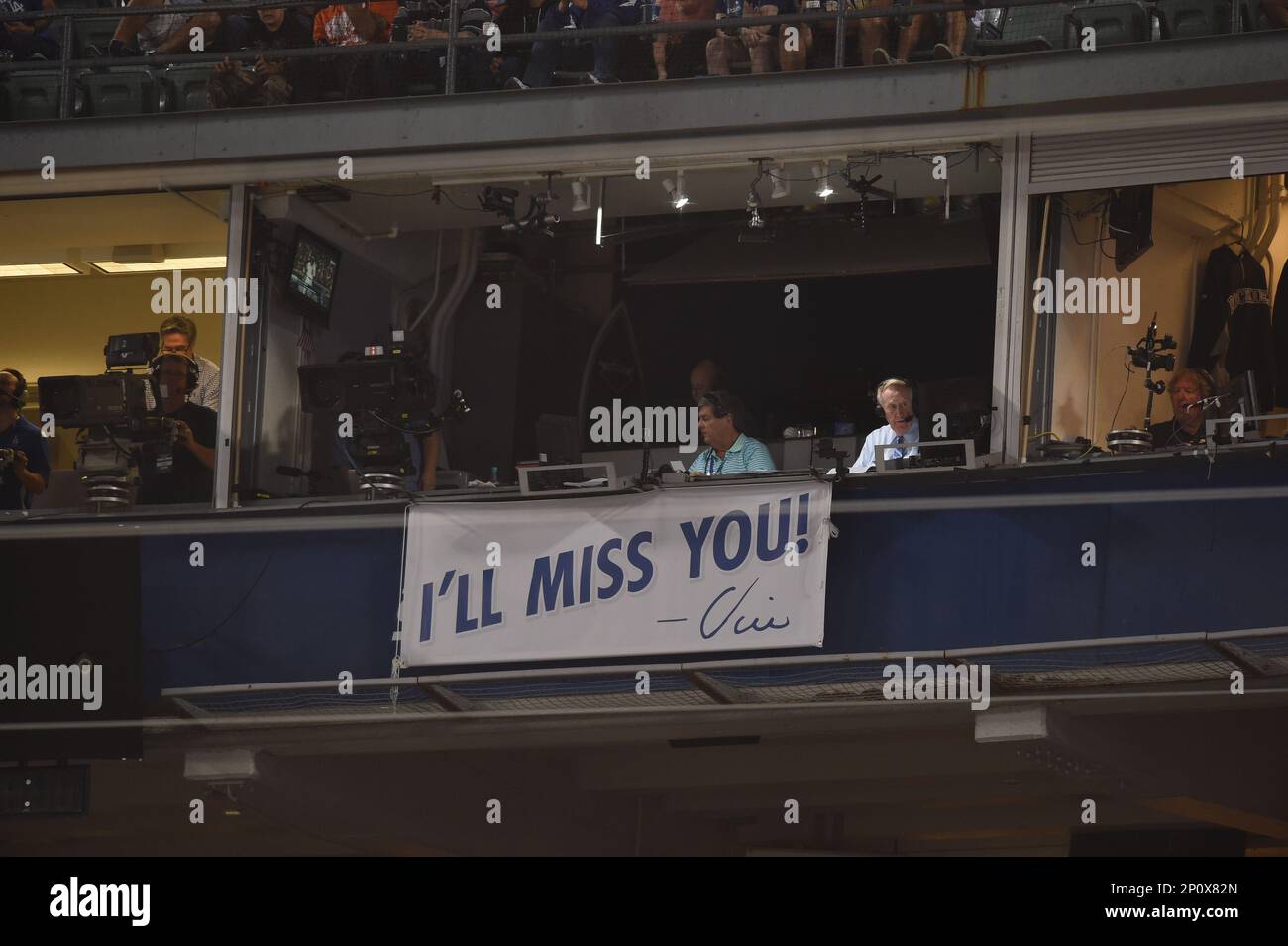 24 September 2016: Vin Scully sits in his booth calling his second to last  home game of his 67 year career during a Major League Baseball game between  the Colorado Rockies and