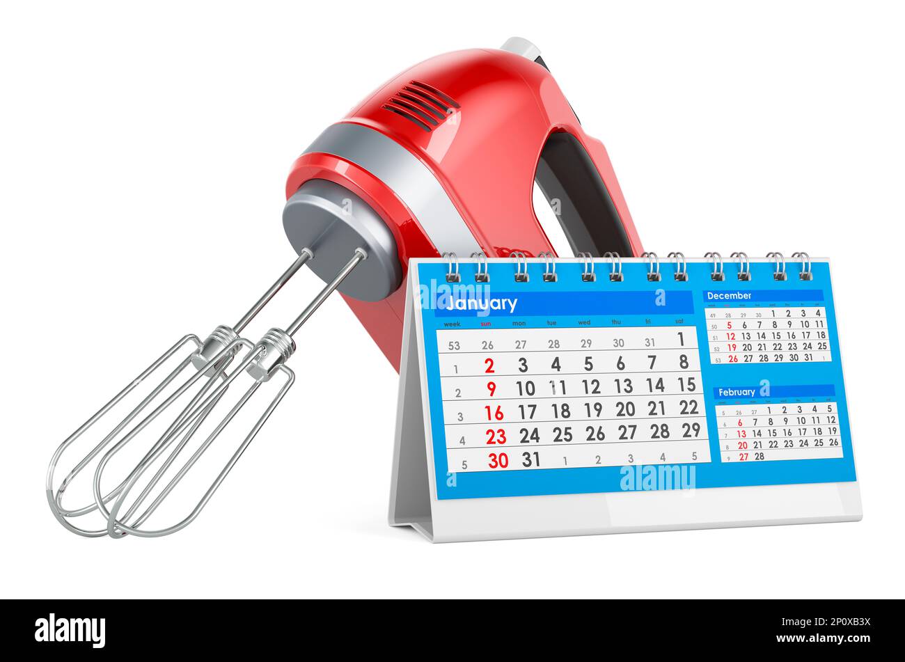 Hand kitchen mixer with desk calendar, 3D rendering isolated on white ...