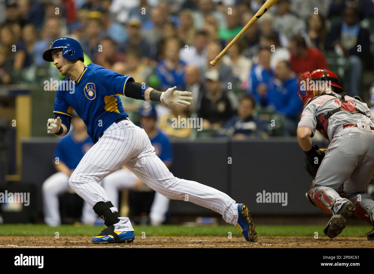 05 August 2016: Milwaukee Brewers Shortstop Orlando Arcia (3) gets his  first MLB hit and RBI single [10779] during a game between Milwaukee Brewers  and the Arizona Diamondbacks at Chase field. (Photo