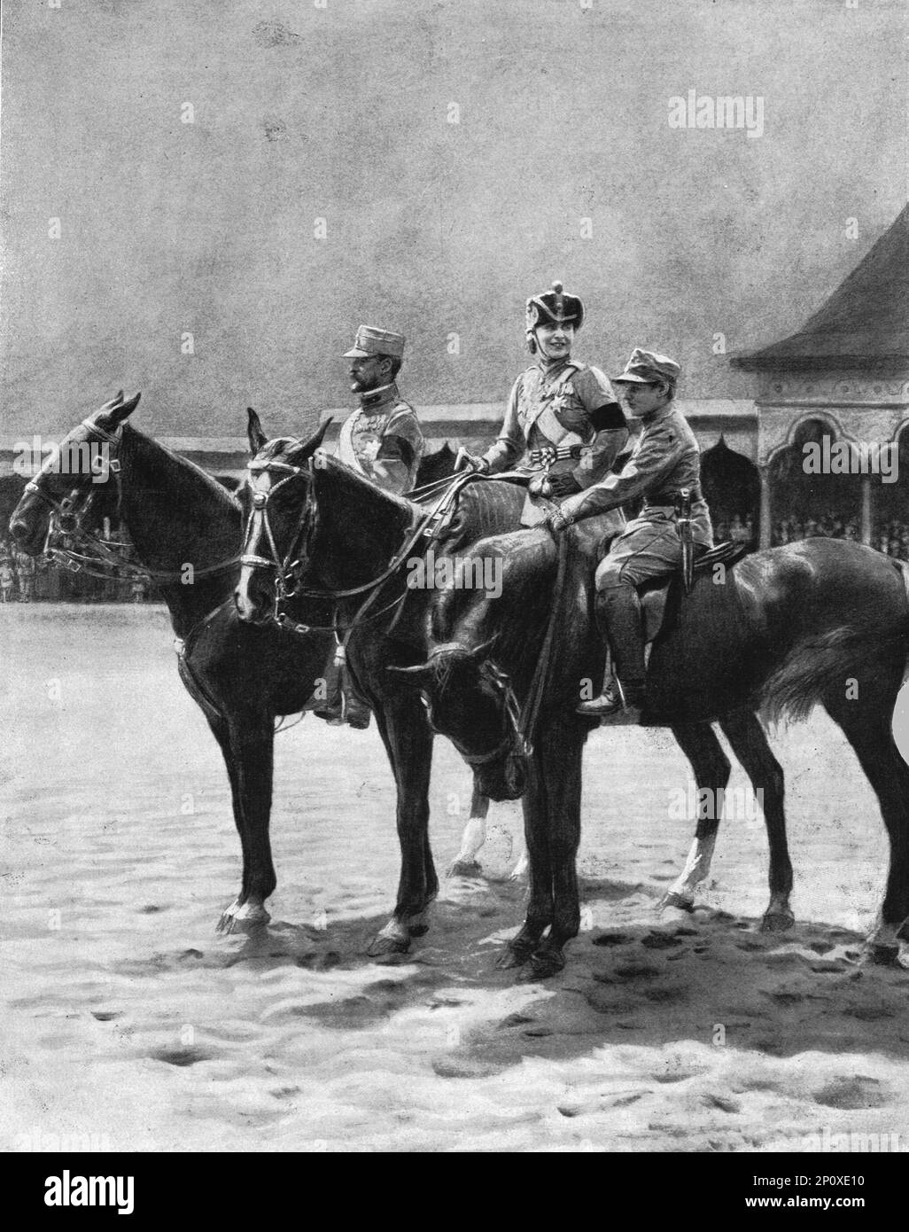 'Les souverains de Roumanie et leur second fils, le prince Nicolas assistant a une revue de troupes, a Bucarest - La reine porte l'uniforme du 4e regiment de &quot;Roshiori&quot;', 1916. From &quot;Collection de la Guerre IV. L'Illustration Tome CXLVIII. La Guerre Juillet, Aout, Septembre, Octobre, Novembre, Decembre 1916&quot;. Stock Photo