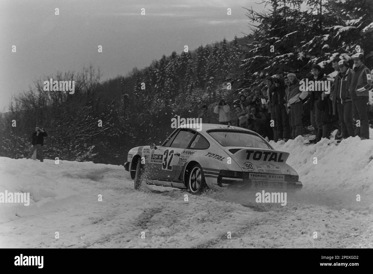 Archives 80ies: Charbonnières car rally, Racing Porsche Carrera, Rhone-Alps, France, 1981 Stock Photo