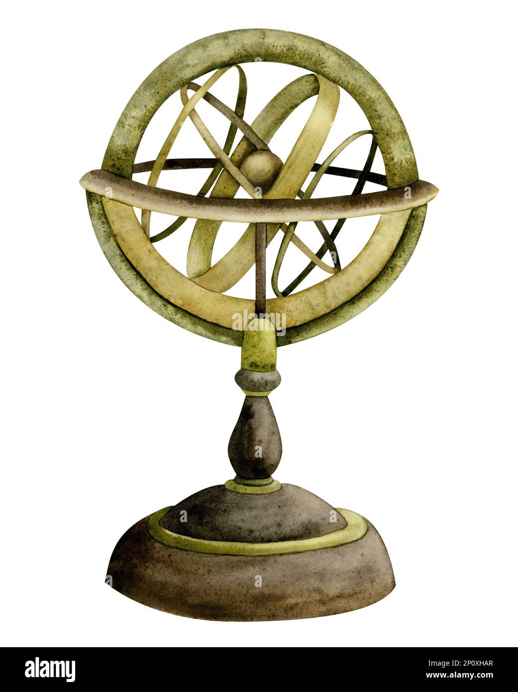 Watercolor navigation armillary sphere, vintage spherical astrolabe instrument illustration isolated on white. Stock Photo