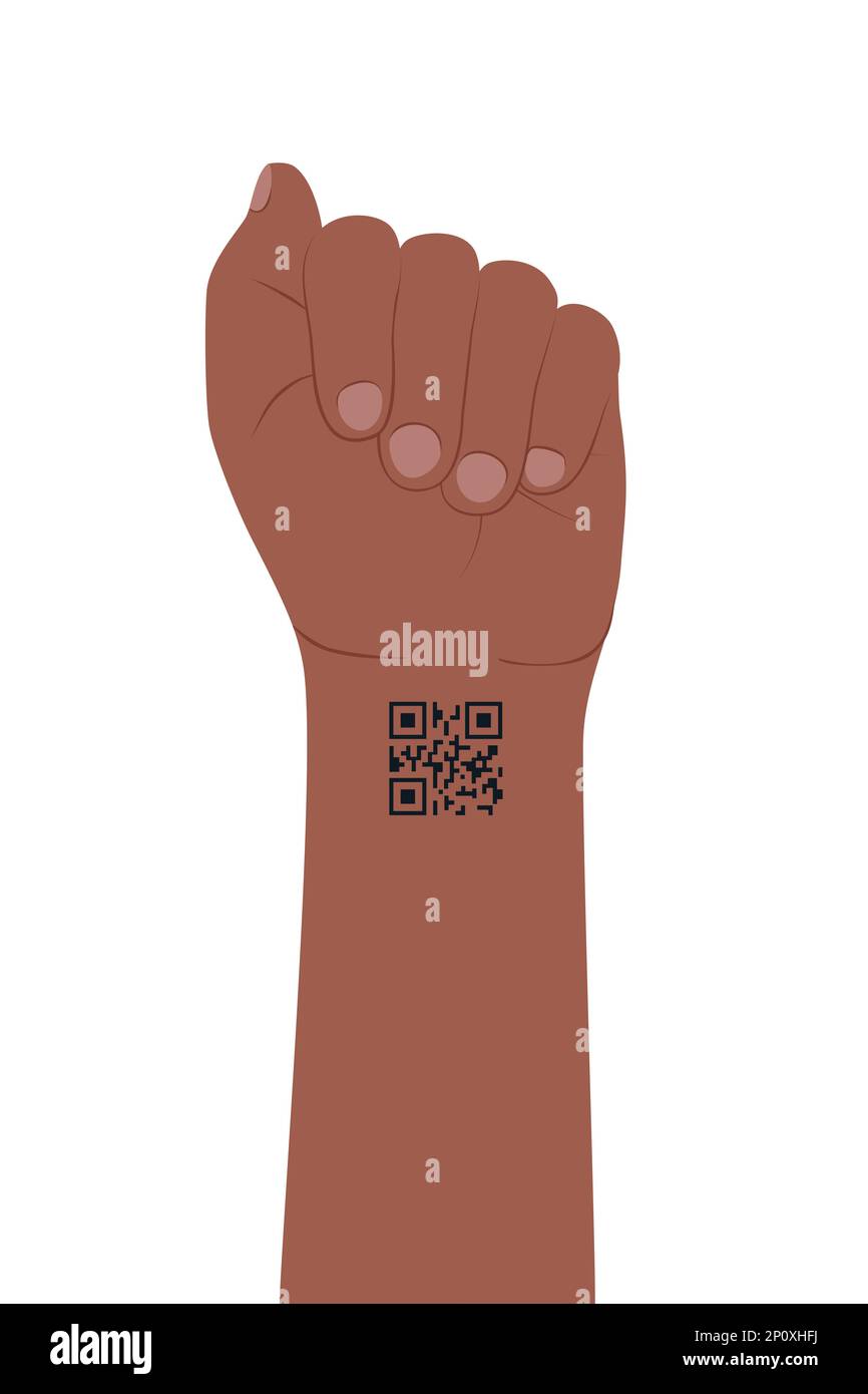The hand with bent fingers and QR code tattoo on wrist. Chipping and control people, electronic admission, pass by code, exclisivity concept. Vector illustration. Stock Vector