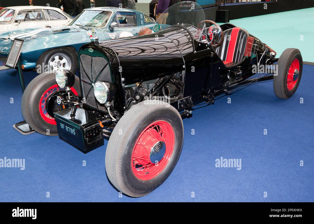 Three-quarters Front view of a Black, 1928, Ford Model A Speedster, on display at the 2023 London Classic Car Show Stock Photo