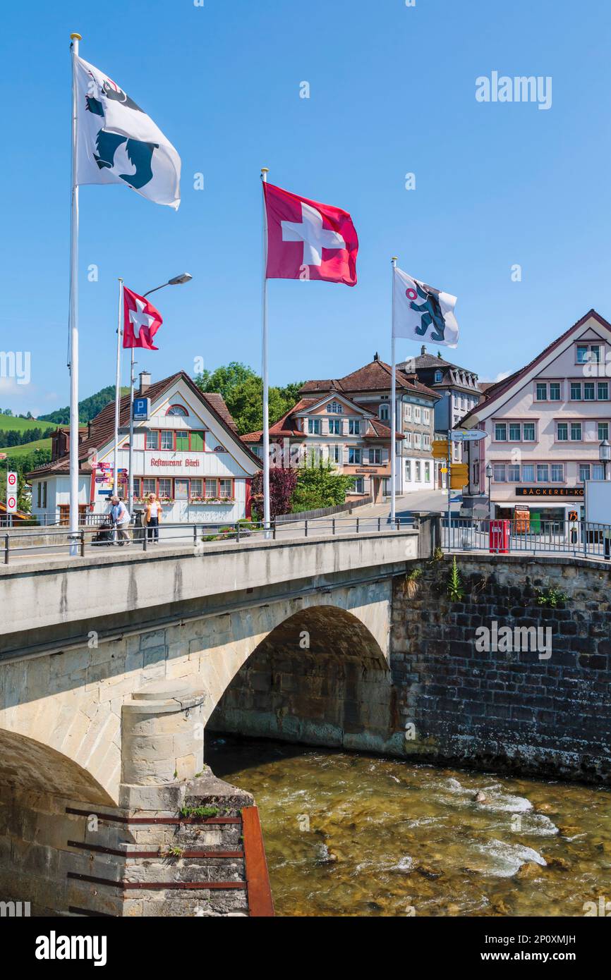 Appenzell, Appenzell Innerrhoden Canton, Switzerland.  Bridge over the Sitter River. Stock Photo