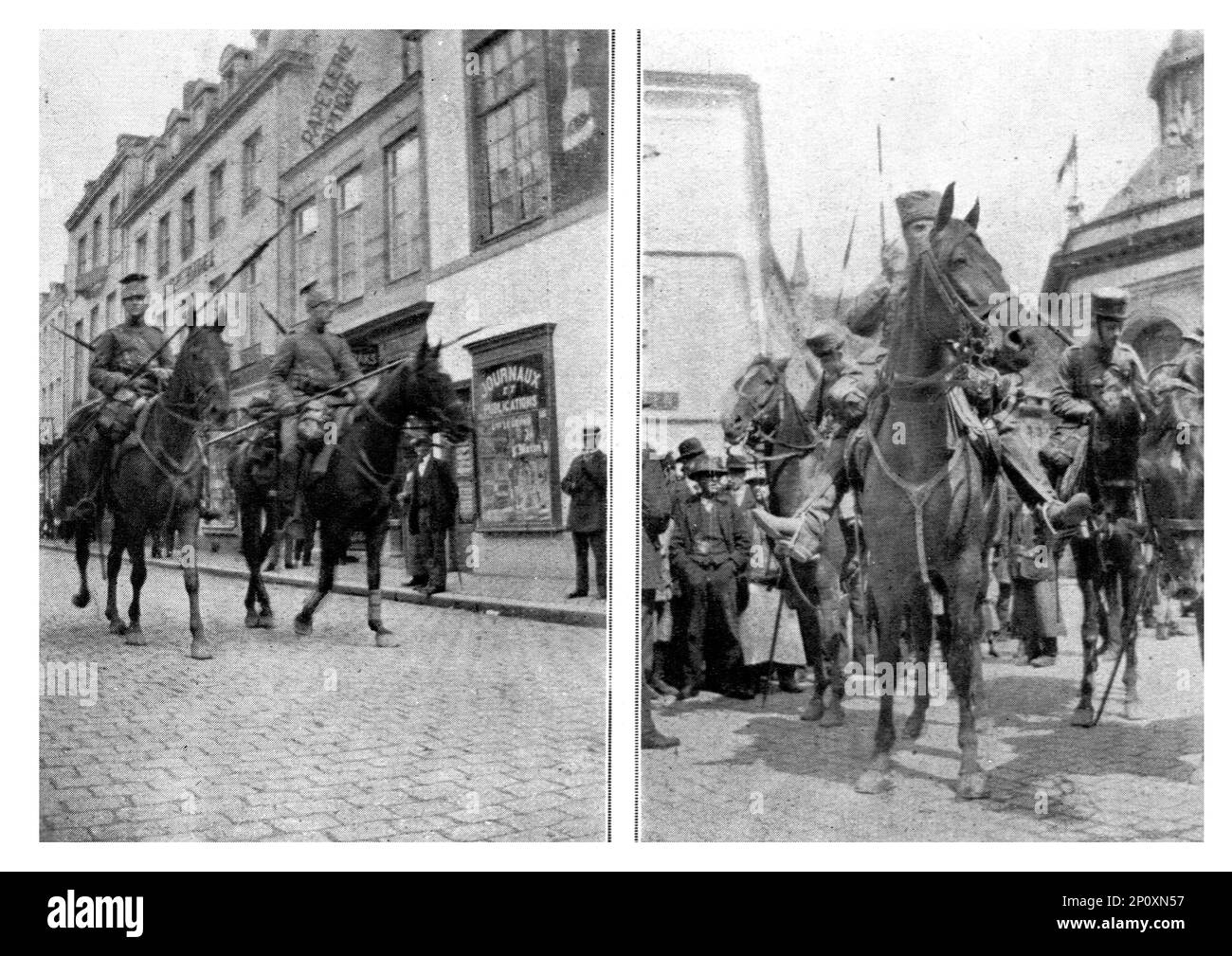 ''Le 4 aout, les avant-gardes de cavalerie allemandes entrent a Spa, a 10 kilometers de la frontiere luxembourgeoise et a 30 kilometers de liege, premier centre de la resistance belge', 1914. From &quot;L'Album de la Guerre 1914-1919, Volume I&quot; [L'Illustration, Paris, 1924]. Stock Photo