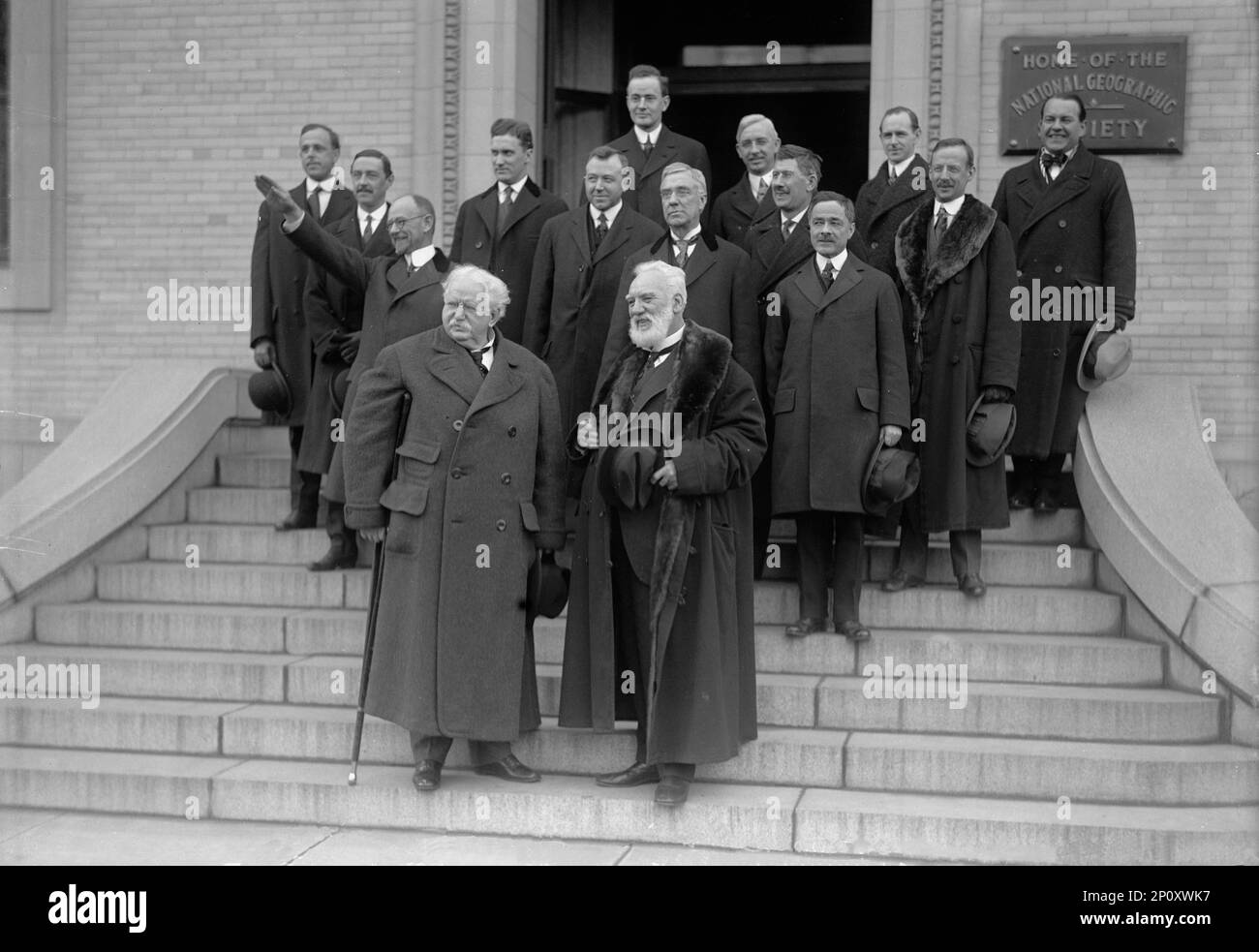 National Geographic Society. Anniversary of Bell Telephone. Front: Theodore Newton Vail And Alexander Graham Bell; Back of Bell, Thomas Augustus Watson, Assoc. with Bell in Experiments. Diagonally Upward, Right: John .J. Carty; G.H. Grosvenor; J.O. Lagorce, 1916. Stock Photo