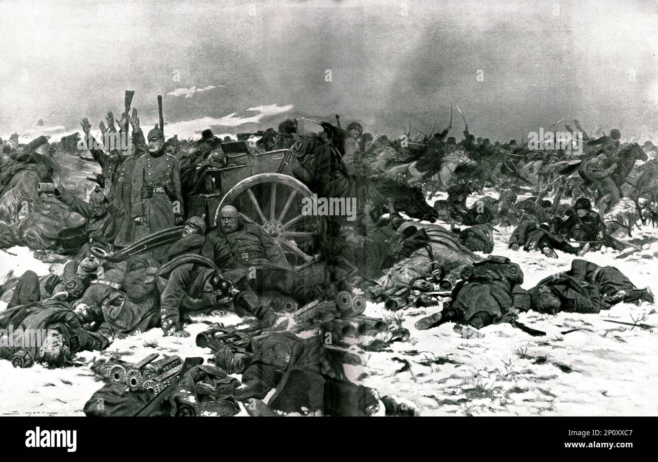 ''Sur le front de Pologne; une charge des Cosaques de l'oural, sur une batterie d'artillerie allemande, pendant l'offensive russe du 16 octobre au 6 novembre 1914', 1914. From &quot;L'Album de la Guerre 1914-1919: Volume I&quot;. [L'Illustration, Paris, 1926]. Stock Photo