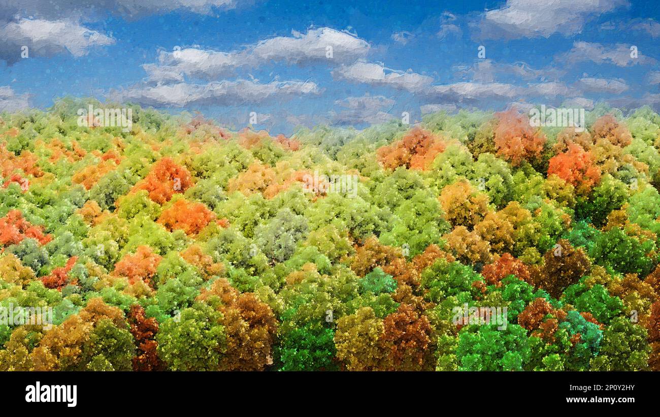 Colorful forest in autumn painted in oil on a frame. 3D rendering. Stock Photo