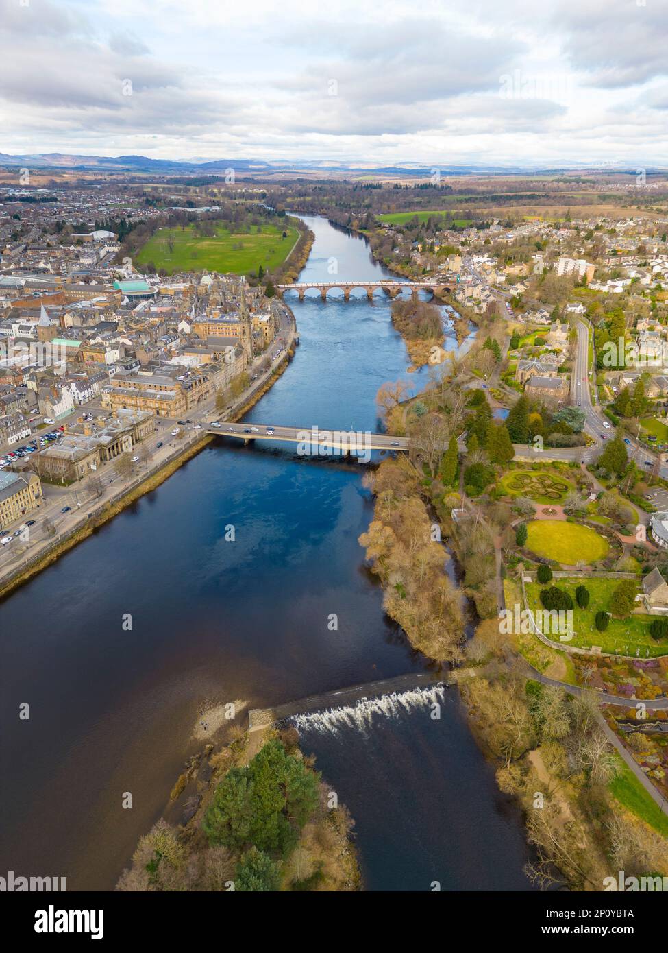 Aerial view from drone of Perth city centre and River Tay in Perth and Kinross, Scotland, UK Stock Photo