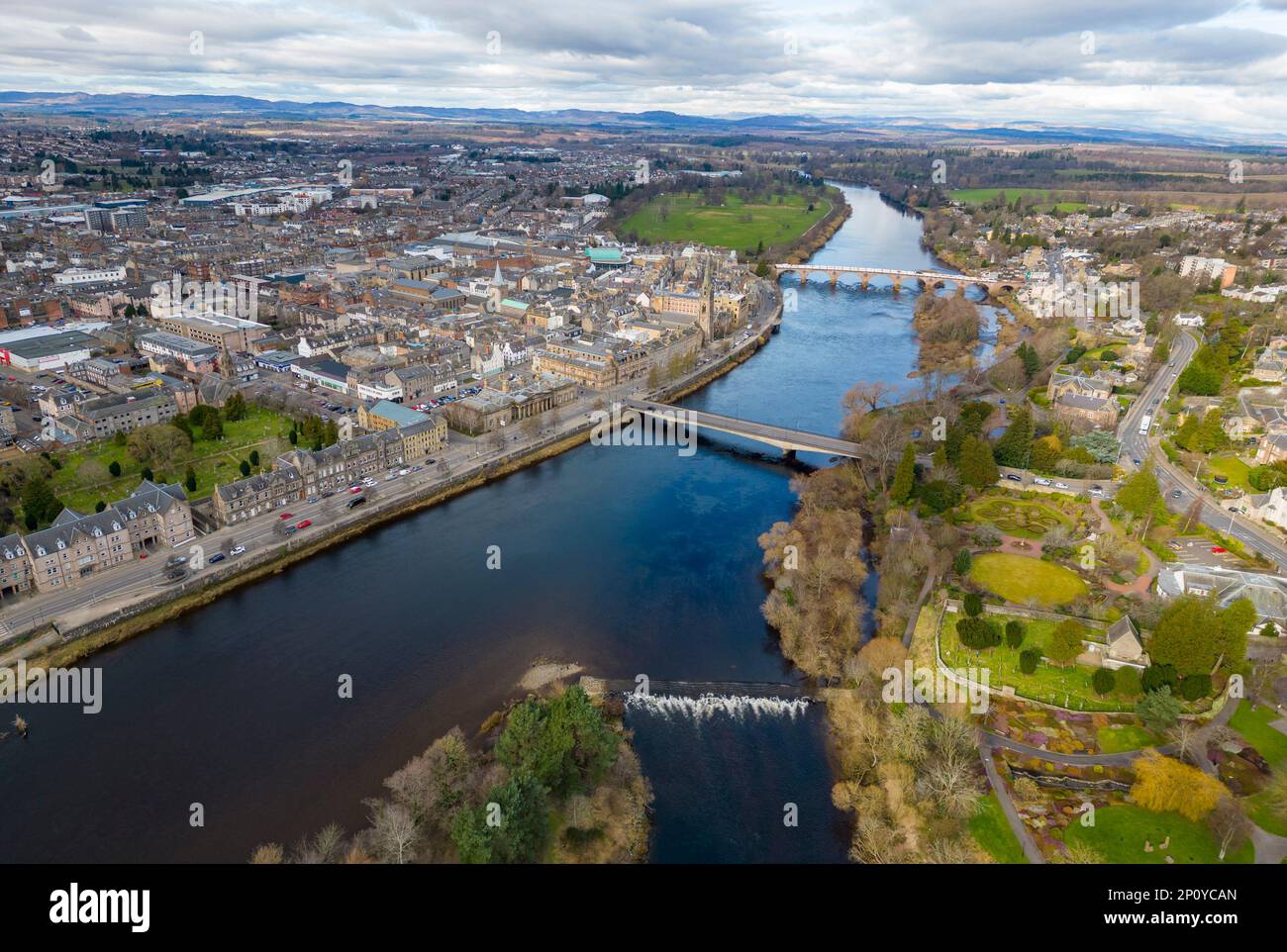Aerial view from drone of Perth city centre and River Tay in Perth and Kinross, Scotland, UK Stock Photo