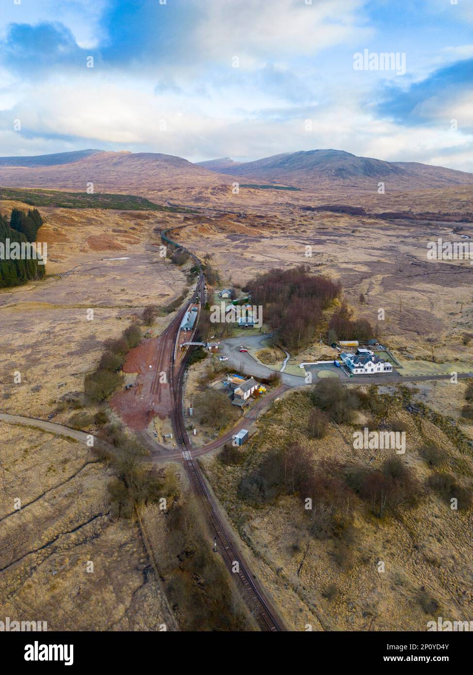 Aerial view from drone of Rannoch Station on Rannoch Moor in  in Perth and Kinross, Scotland, UK Stock Photo