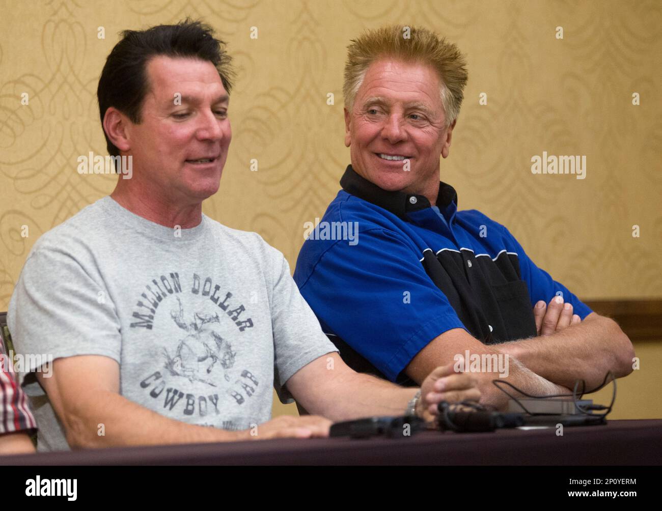 Stunt Coordinator Gary Davis, right, smiles as stuntman Eddie Braun