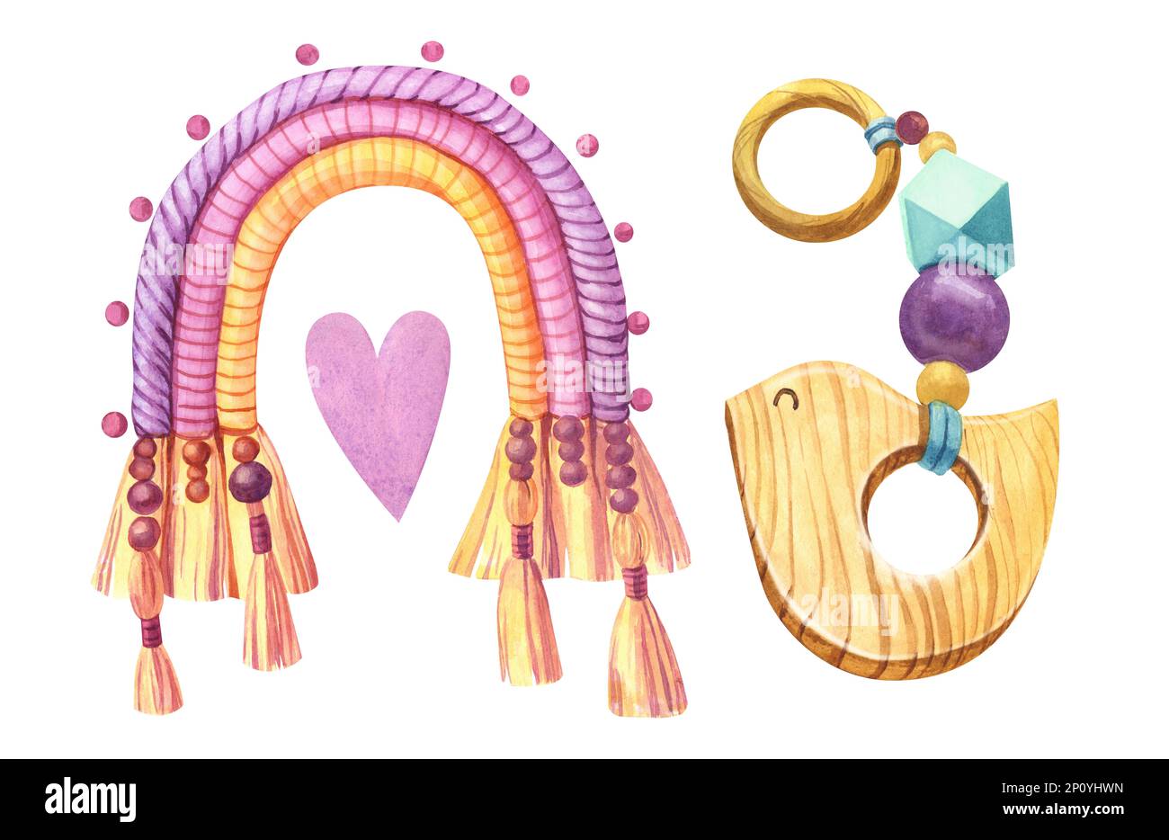 Watercolor handmade macrame rainbow cotton wall decoration and wooden baby toys rattles, bird