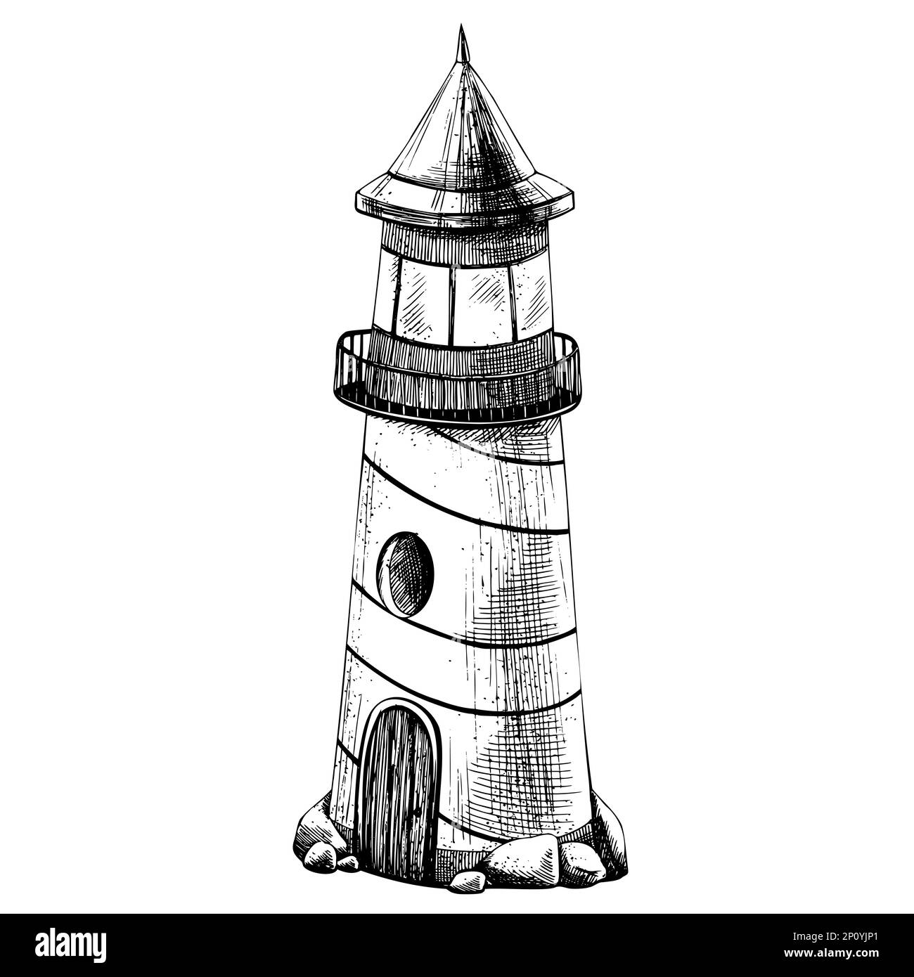 Sea lighthouse with stones. Isolated object drawn by hand in graphic technique. Vector illustration for summer, nautical and beach decoration and Stock Vector