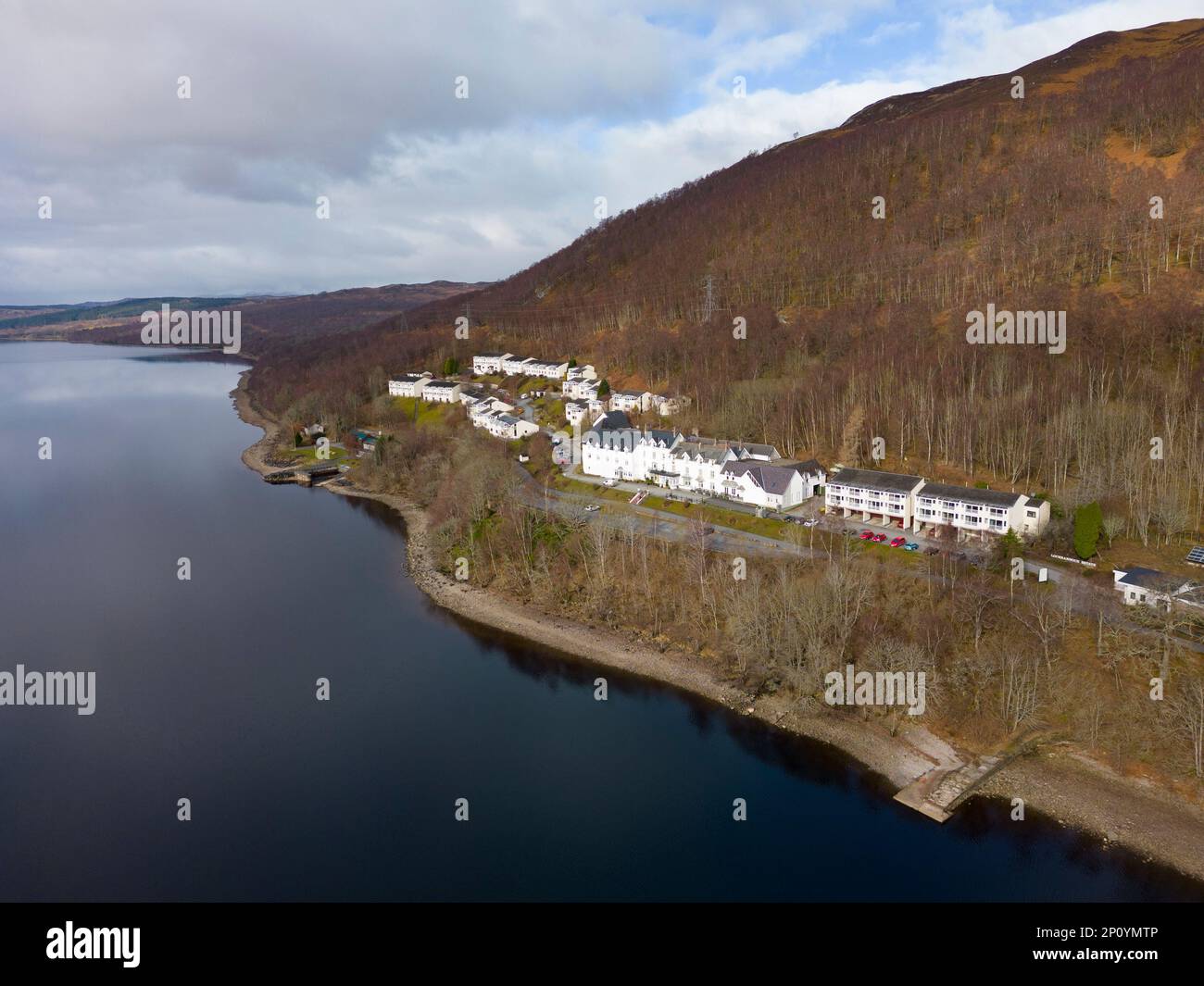 Aerial view of Loch Rannoch Hotel and Estate at Kinloch Rannoch, Perth