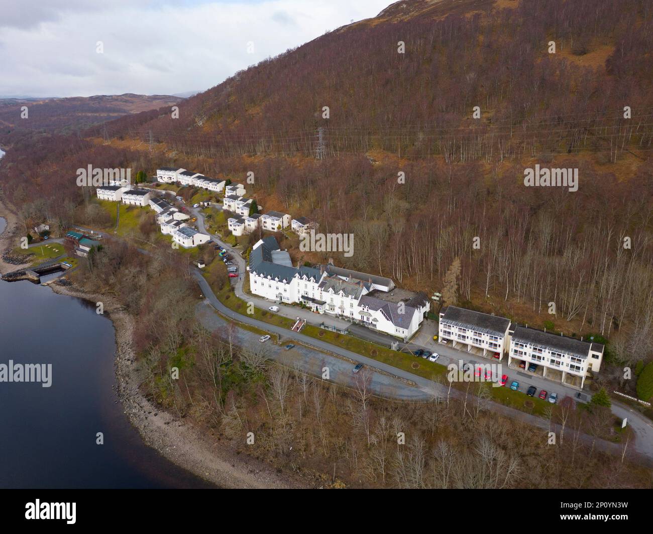 Aerial view of Loch Rannoch Hotel and Estate at Kinloch Rannoch, Perth