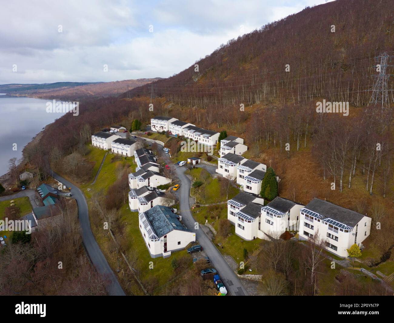 Aerial view of Loch Rannoch Hotel and Estate at Kinloch Rannoch, Perth