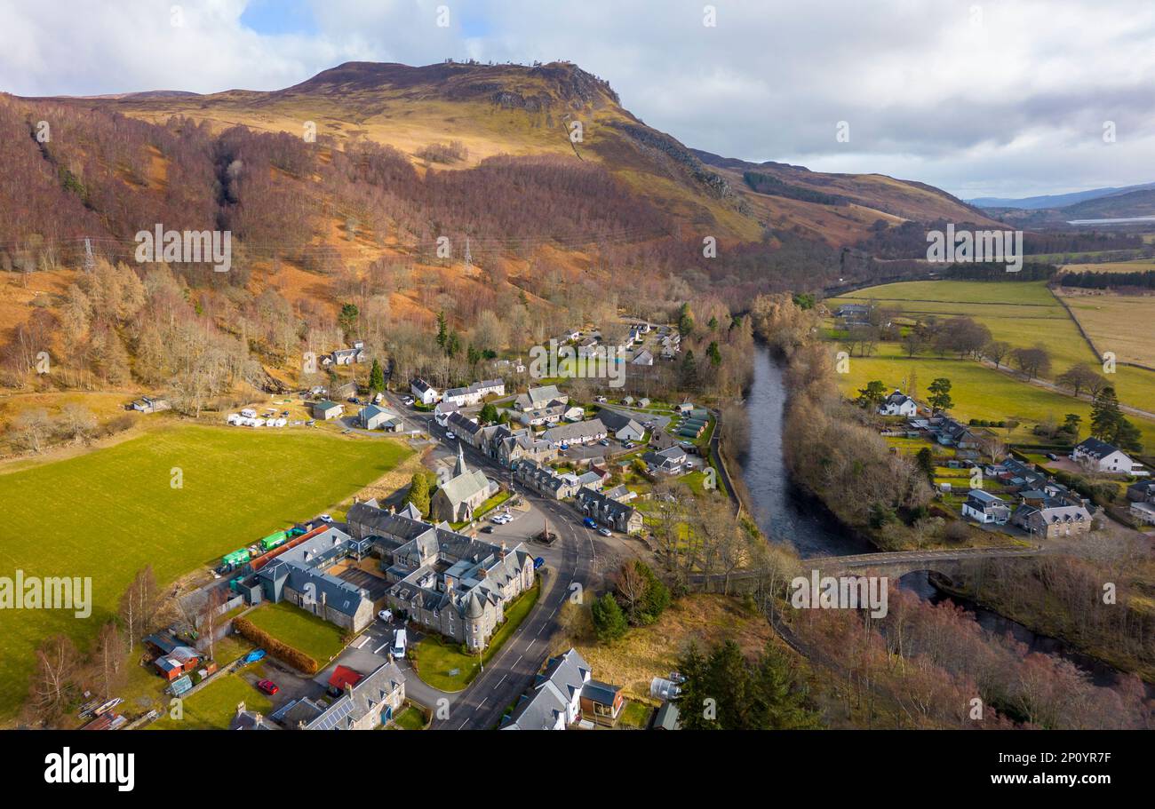 Aerial view of village of Kinloch Rannoch on River Tummel, Perth and