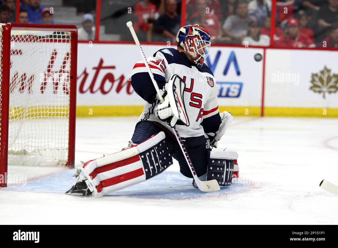 10 September 2016: Cory Schneider (35) with a stop during a game between  Team Canada and Team USA during World Cup of Hockey Pre-Tournament action  at Canadian Tire Centre in Ottawa, On. (