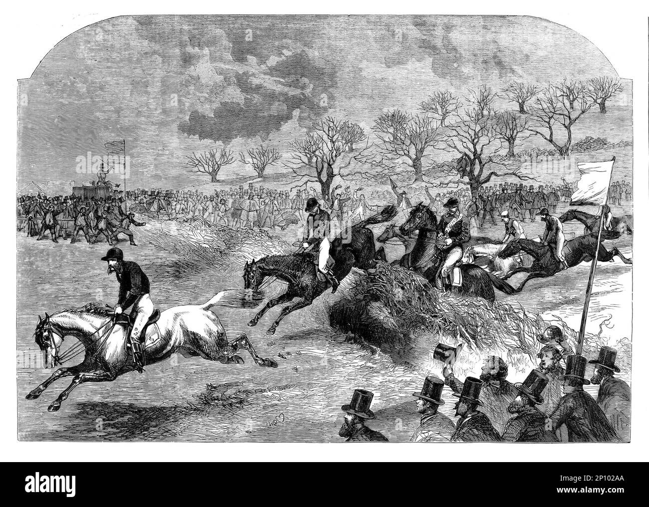The excitement and action of the Grand Military Gold Cup horse race, during the Northampton Steeple Chases of 1860, drawn by the British artist Harrison William Weir (1824-1906) Stock Photo