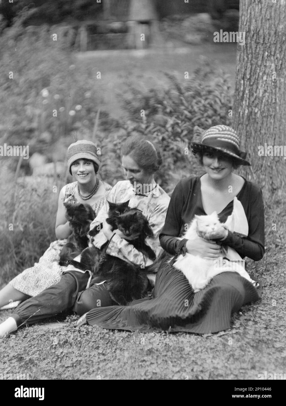 Egger, Gabrielle, Miss, and friends, with cats, seated outdoors, between 1926 and 1930. Stock Photo