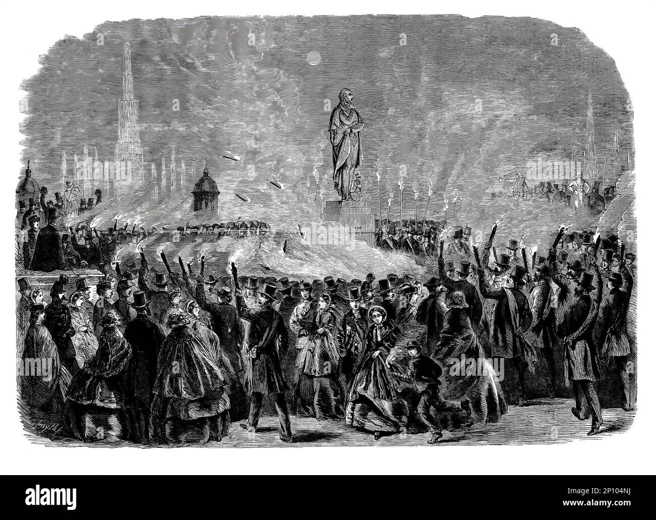 A torchlight procession during the 1860 Mendelssohn Festival at Crystal Palace, London, England following the unveiling of the composers statue by the sculptor John Bacon. Stock Photo