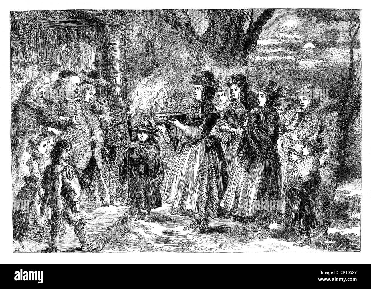 An 1860 drawing by John Gilbert of the wassail bowl, an element of an ancient English Yuletide drinking ritual and salutation either involved in door-to-door charity-giving or used to ensure a good harvest the following year. Wassail is a beverage made from hot mulled cider, ale, or wine and spices, drunk traditionally as an integral part of wassailing. It involves singing and drinking to the health of trees on Twelfth Night in the hopes that they might better thrive in the cider-producing counties in the South West of England. Stock Photo