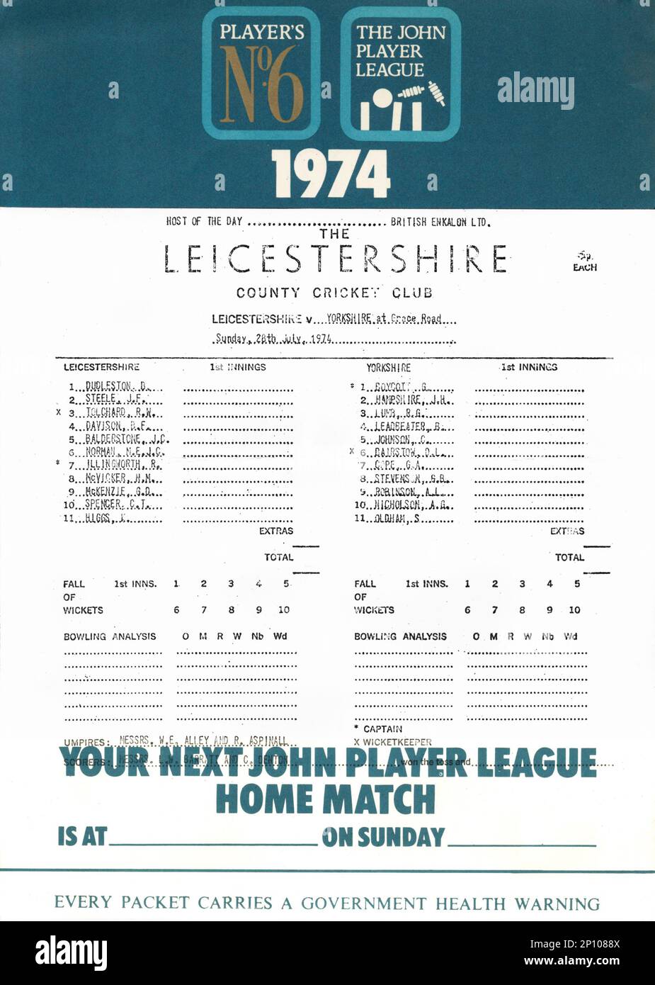 Leicestershire V Yorkshire. 28th July 1974. John Player League Cricket Scorecard. Stock Photo