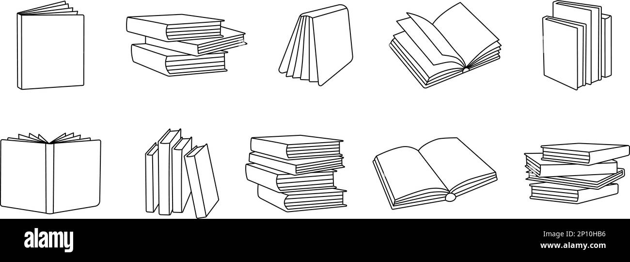 Books outline sketch set. Bookstore, library line symbols. Pile of