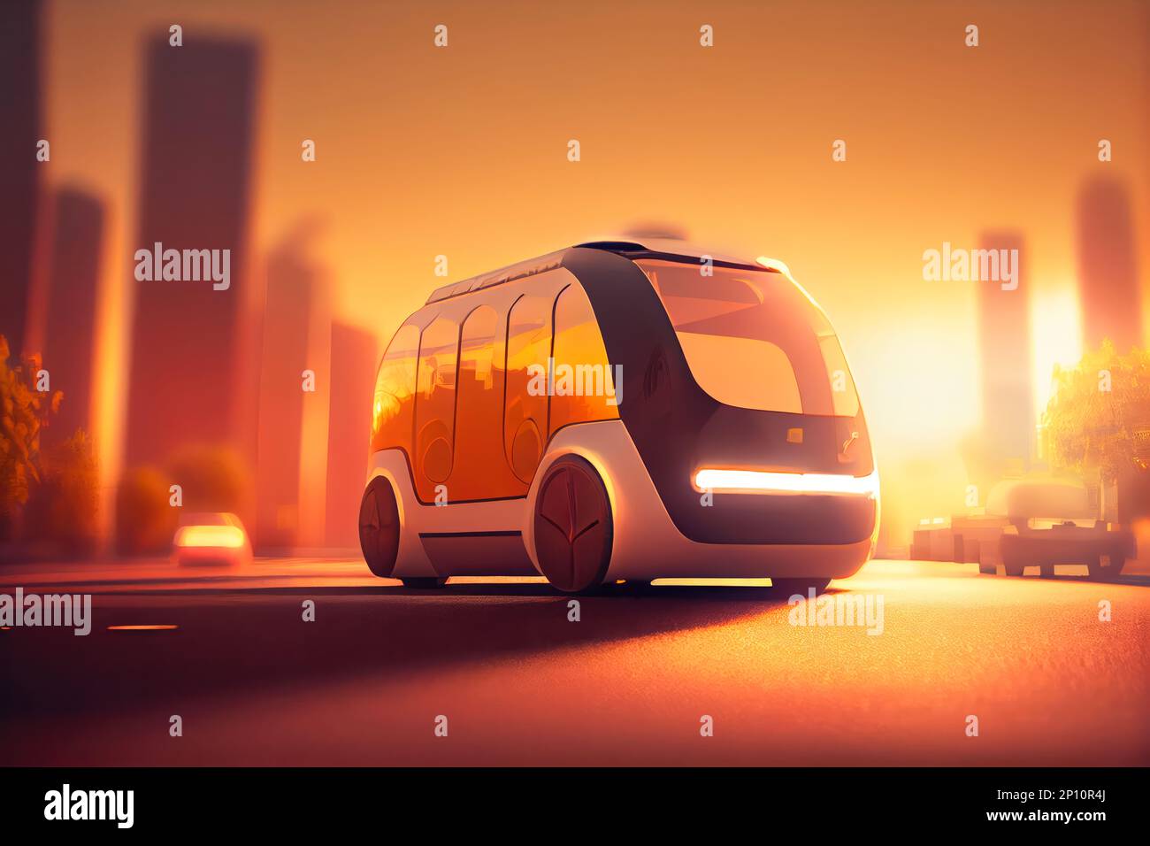 Design study of a futuristic autonomous robo taxi in a mega city. Generative AI Stock Photo