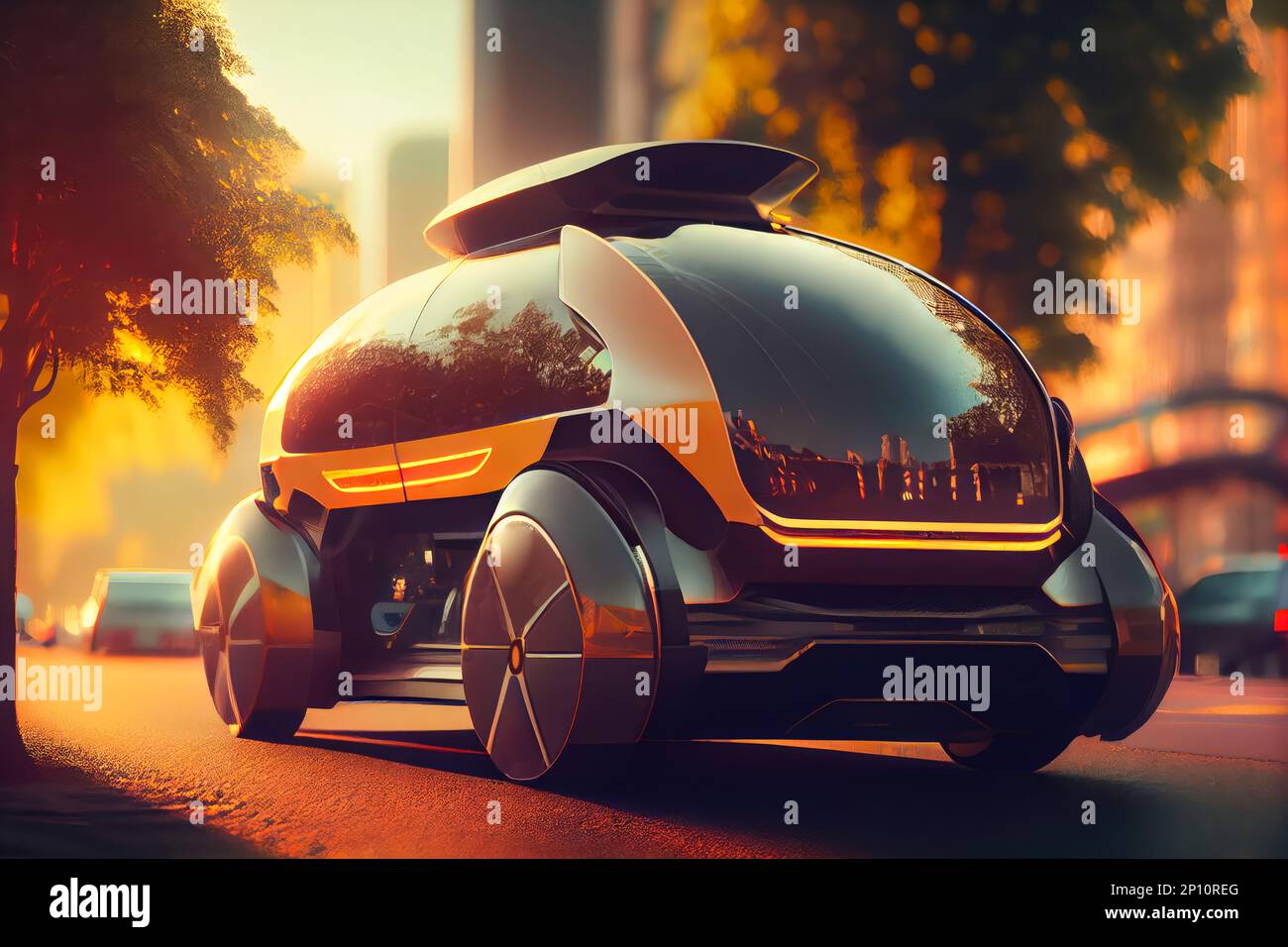 Design study of a futuristic autonomous robo taxi in a mega city. Generative AI Stock Photo