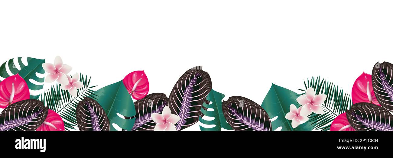 Spring Tropical flowers and green leaves illustration large banner theme Stock Photo