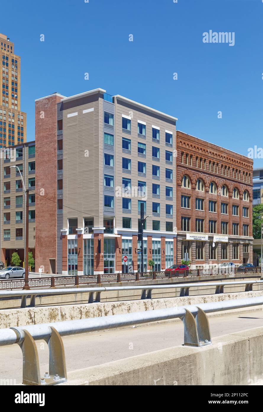 Pittsburgh Downtown: Fairfield Inn & Suites is a modern brick-and-terra cotta-clad mid-rise hotel, opened in 2019, overlooking Monongahela River. Stock Photo
