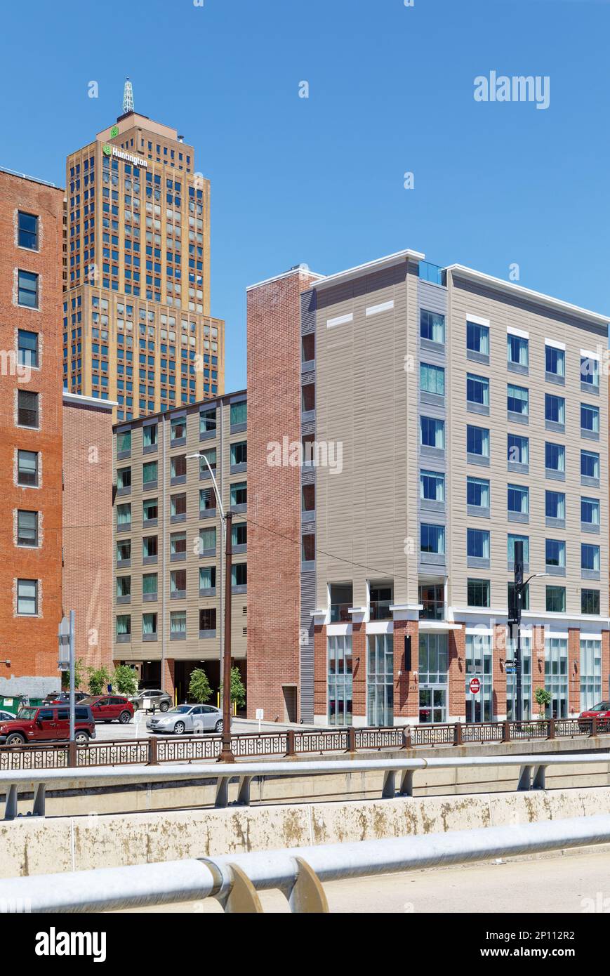 Pittsburgh Downtown: Fairfield Inn & Suites is a modern brick-and-terra cotta-clad mid-rise hotel, opened in 2019, overlooking Monongahela River. Stock Photo