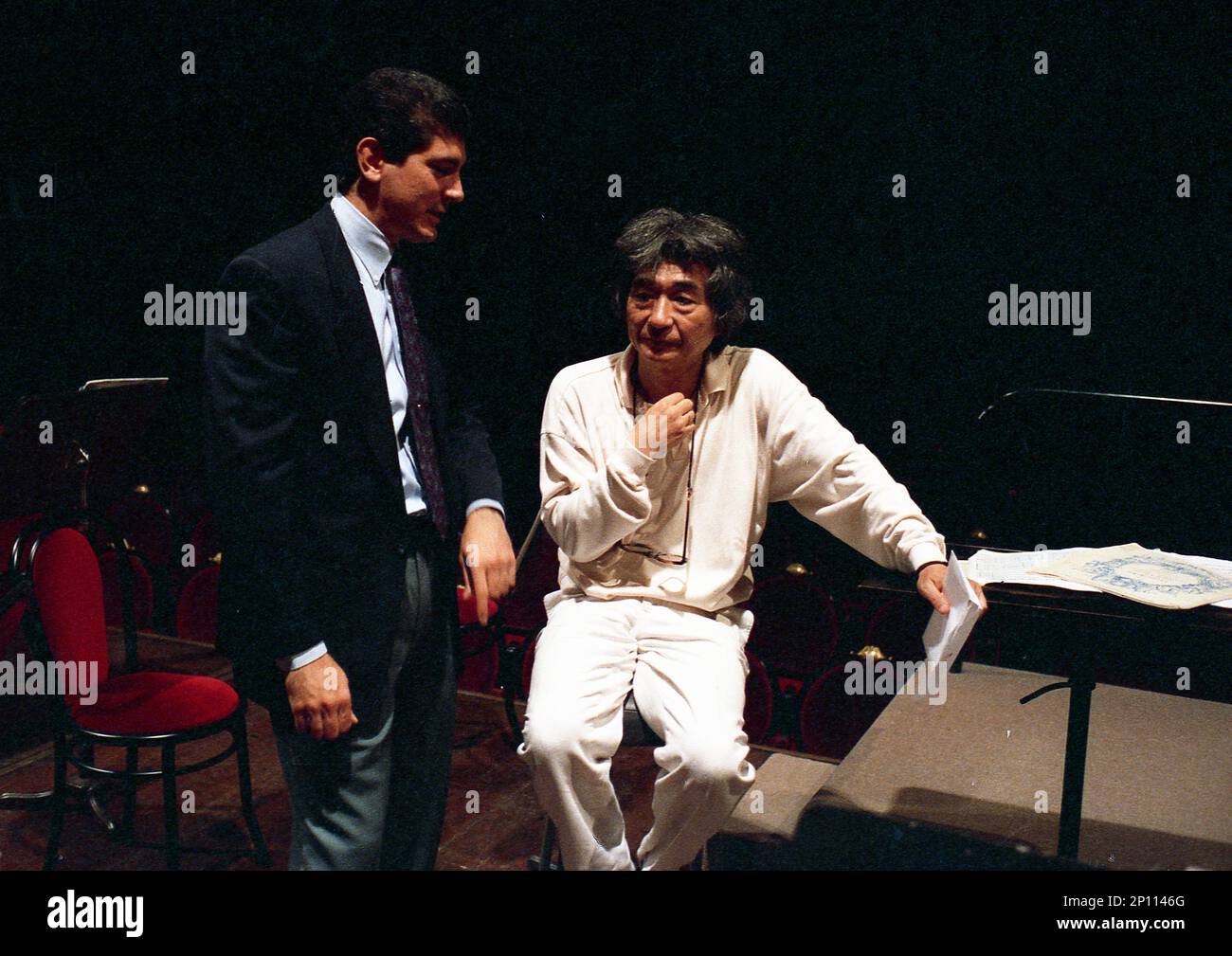 Japanese conductor Seiji Ozawa during a rehearsal with the Boston Symphony Orchestra at the Buenos Aires Teatro Colón, Argentina, October 22nd, 1992 Stock Photo