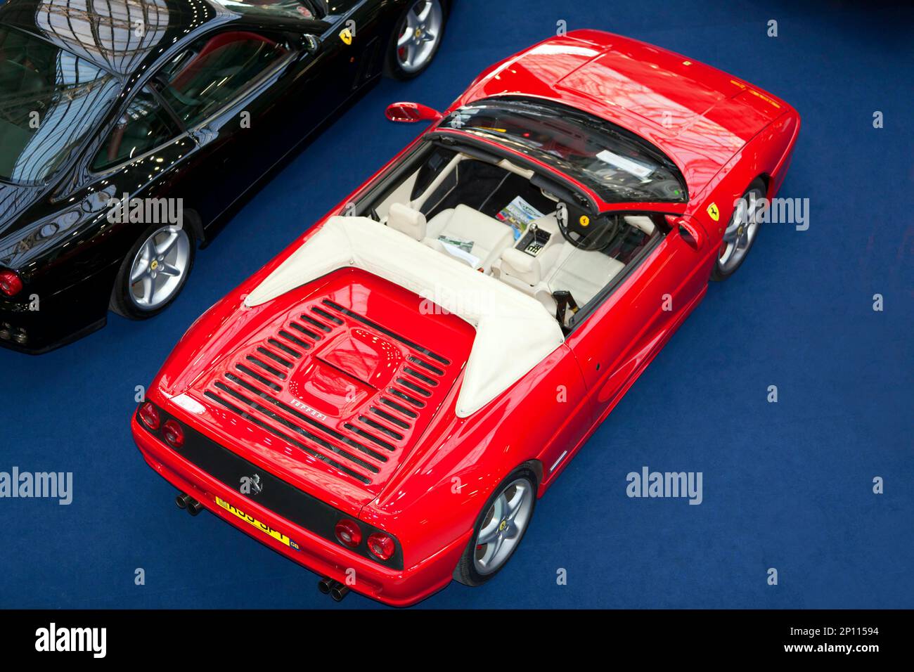 Aerial View of a 1998, Red Ferrari F355 Spider on display at the 2023 London Classic Car Show Stock Photo