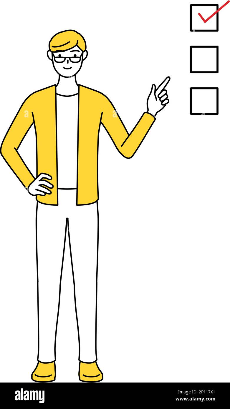 A casually dressed young man pointing to a checklist. Stock Vector