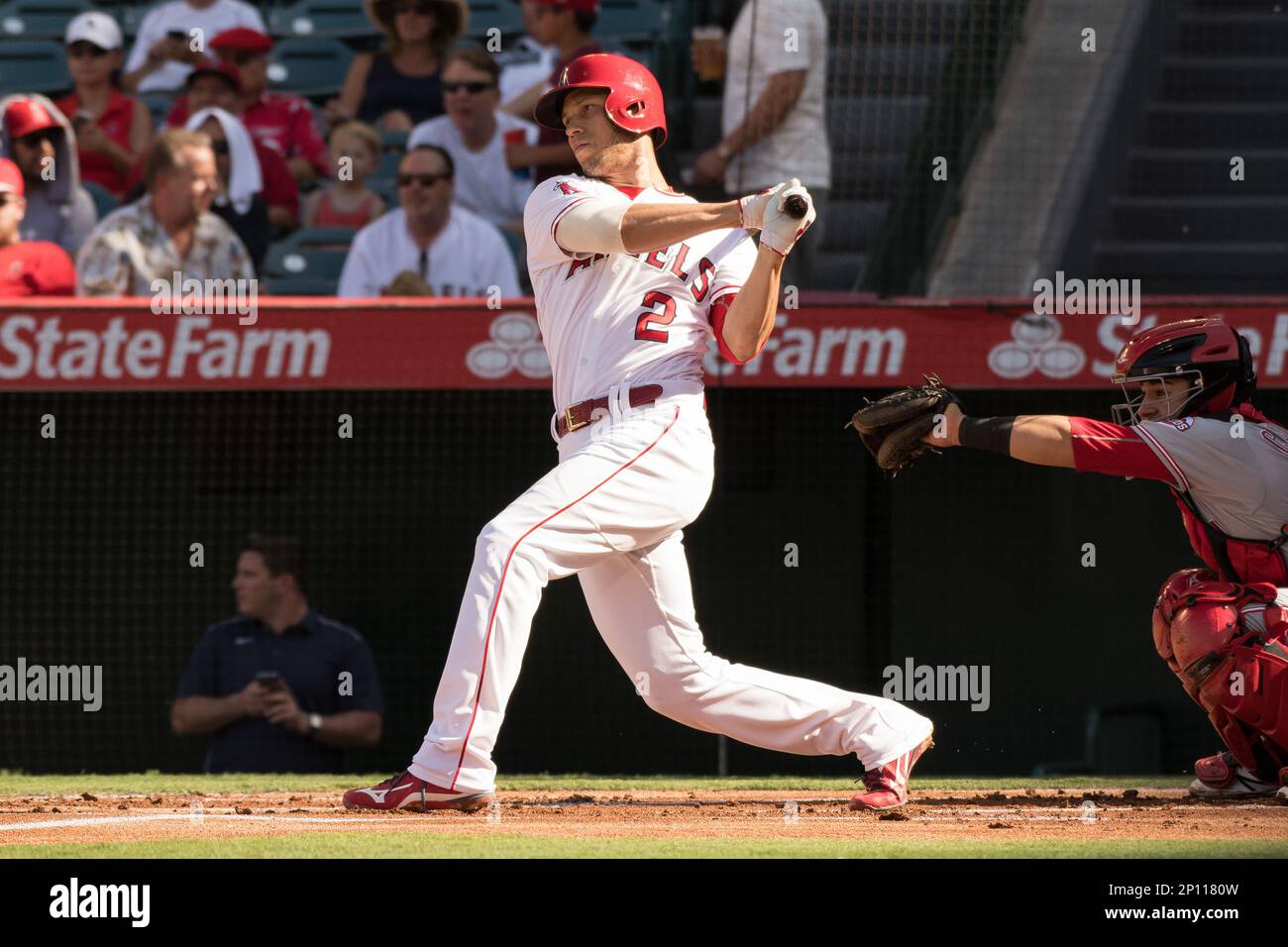 31 August 2016: Los Angeles Angels of Anaheim Shortstop Andrelton Simmons (2)  lines a base hit in the first inning during the game against the Cincinnati  Reds played at Angel Stadium of