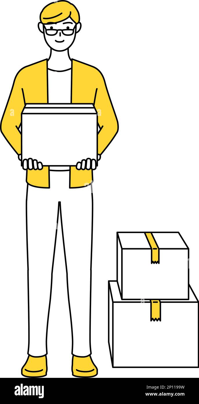 A casually dressed young man working to carry cardboard boxes Stock Vector