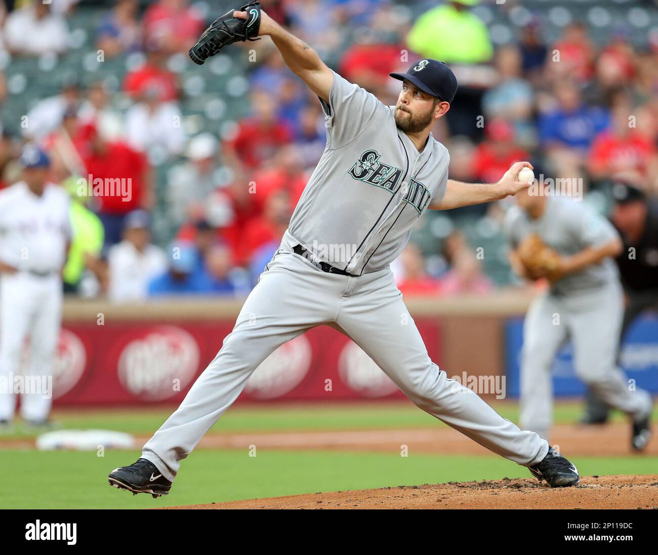 30 AUG 2016: Seattle Mariners starting pitcher James Paxton deliver a pitch  during the MLB game between the Seattle Mariners and the Texas Rangers at  Globe Life Park in Arlington, TX. (Photo